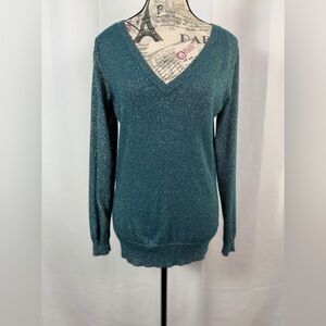 Massimo Comfort & Elegance Green/Gold Threading V-Neck Sweater for Women Size M